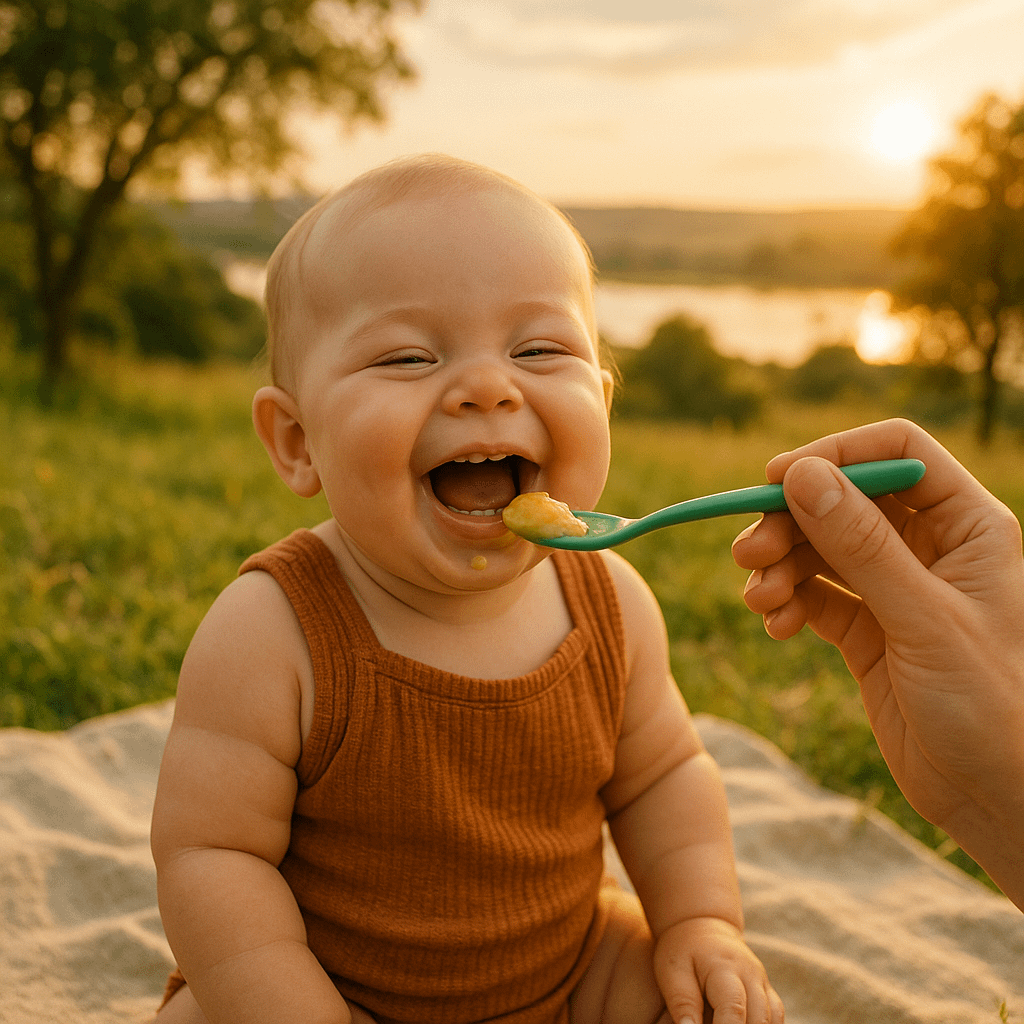 Parents Travel Guide - Safe Feeding for Babies: A smiling baby wearing a brown sleeveless outfit sits on a blanket outdoors while being fed with a green spoon during a sunset.