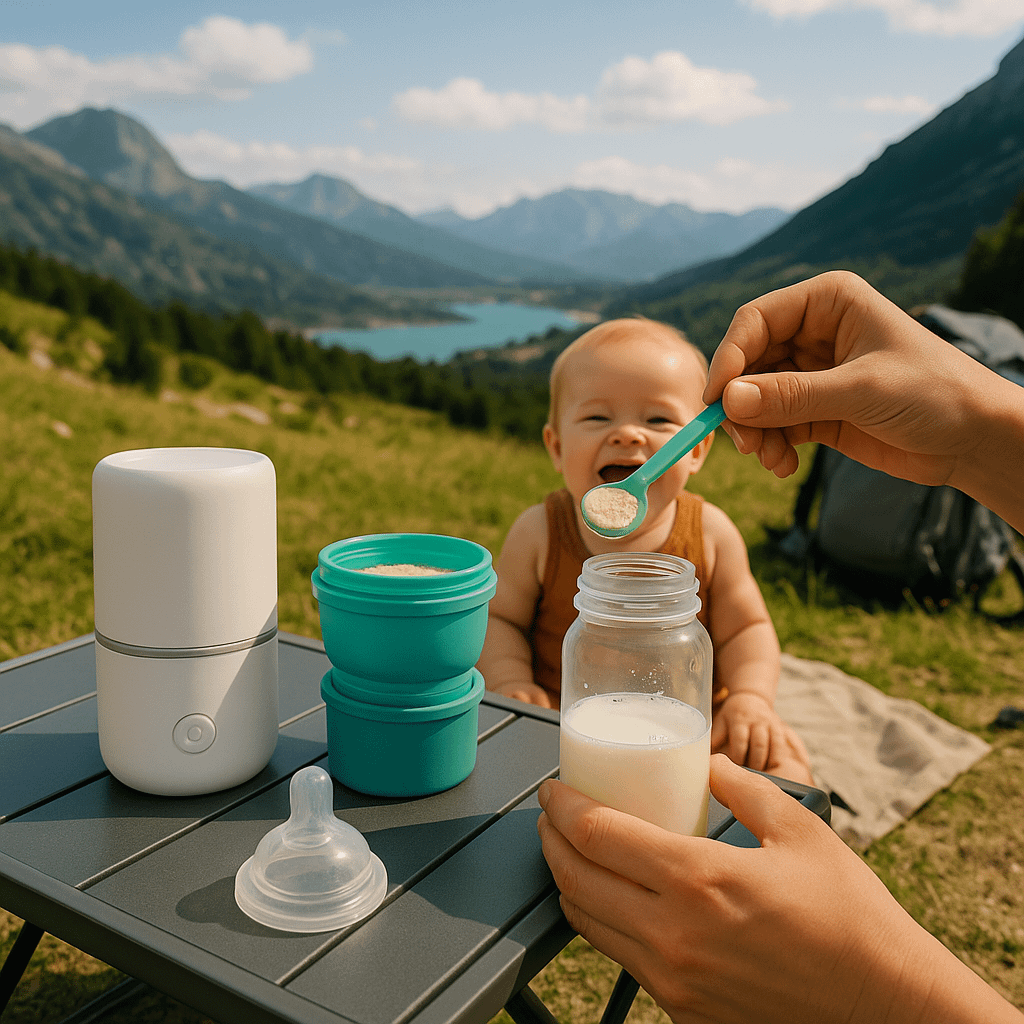 Parents Travel Guide - Safe Feeding for Babies 2 An adult hand holding a spoonful of baby formula powder over a bottle of milk, with a smiling baby sitting in the background in a scenic outdoor setting with mountains and a lake.