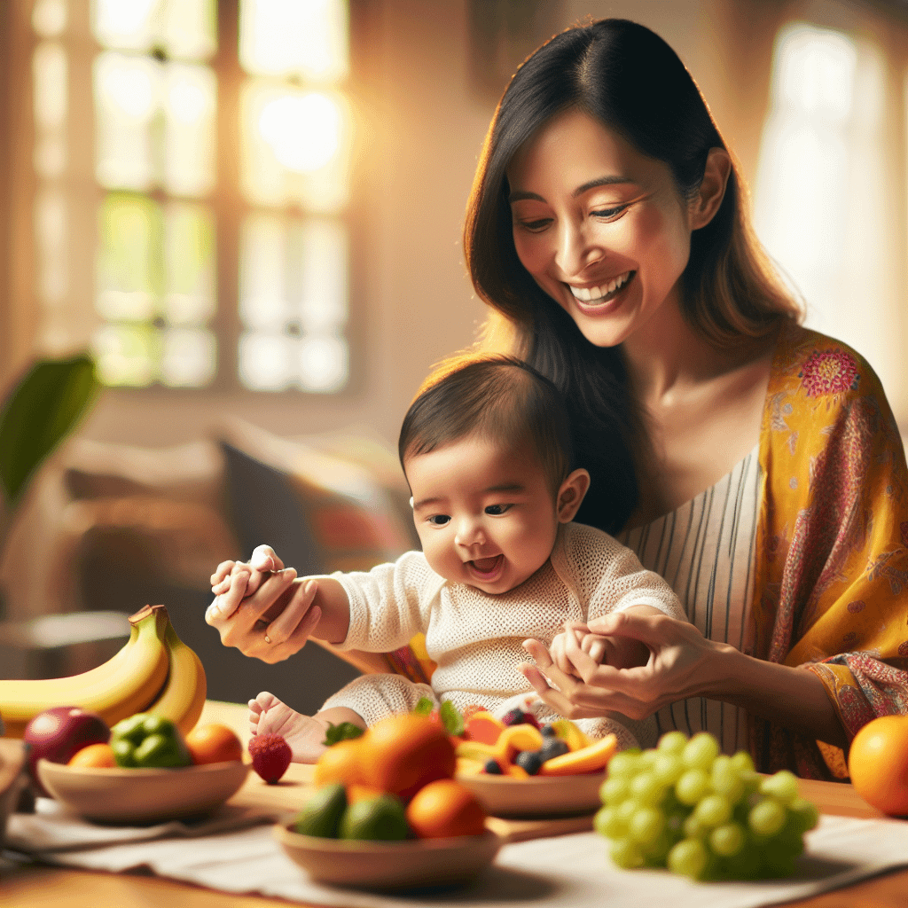 A smiling woman and a baby sit at a table with various fruits, including bananas, oranges, grapes, and berries in bowls, in a warmly lit room.