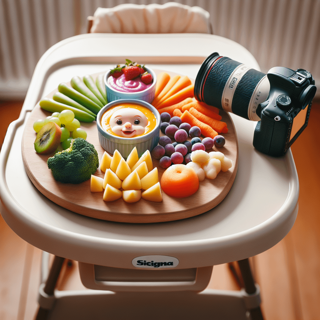 Creating a Baby Meal Plan 1 A high chair tray with a wooden board holding an assortment of colourful fruits and vegetables, a camera lens, and a ramekin featuring a smiling baby face in puréed food, surrounded by grapes, carrots, kiwi, broccoli, and cheese slices.