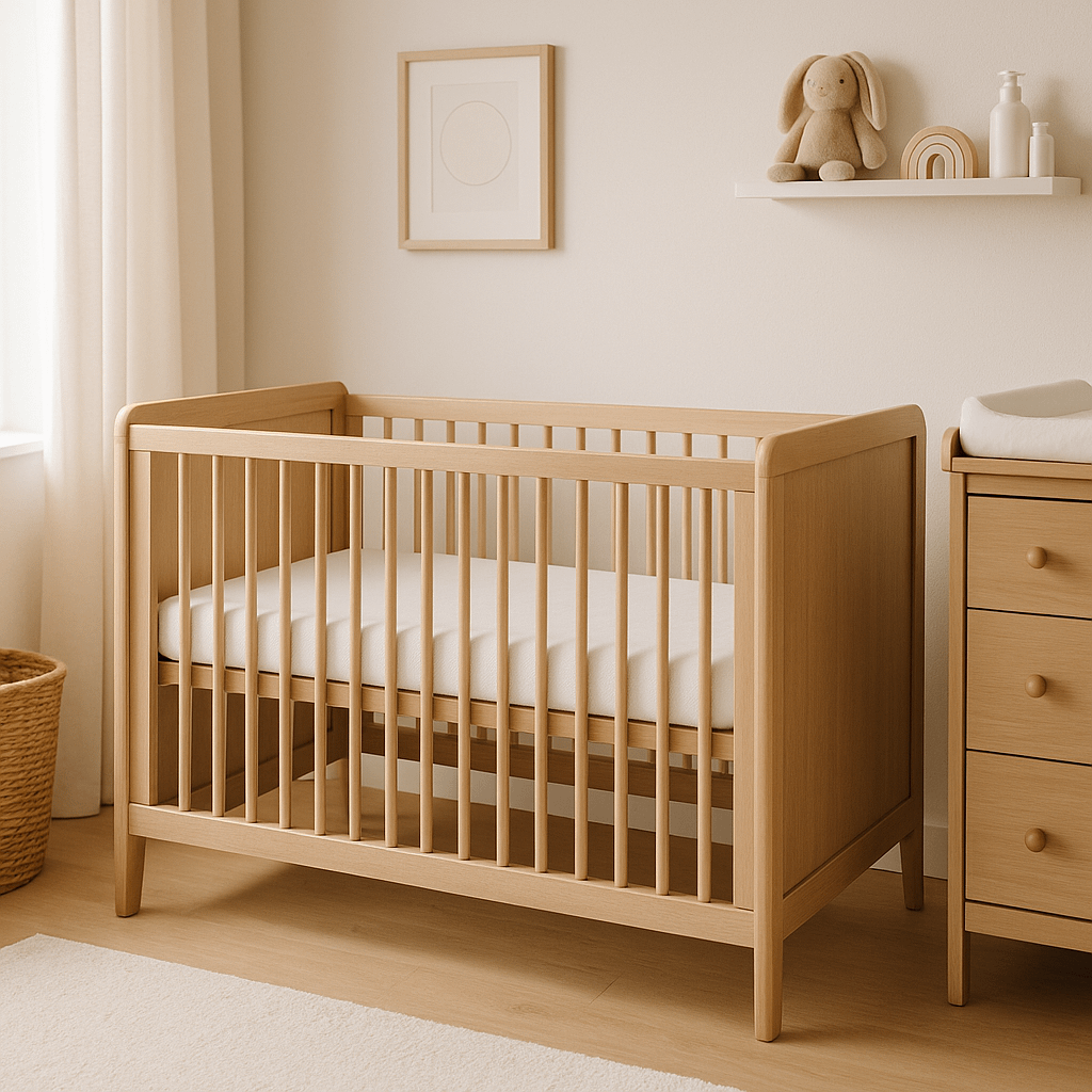 What to Look for in a Cot 1 A cosy nursery featuring a wooden crib with a white mattress, a framed picture on the wall, and a shelf with a plush toy rabbit and decorative items. There is a wicker basket beside the crib and a wooden dresser with a changing pad to the right.