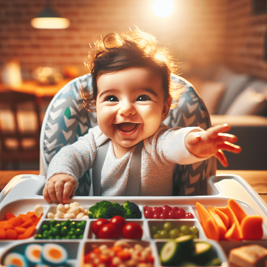 Recognising the Signs Your Baby is Ready for Solids 1 A cheerful baby with dark curly hair, sitting in a high chair, reaching out with an arm, and smiling. The baby's tray is filled with a variety of colourful finger foods, including sliced carrots, cherry tomatoes, broccoli, and more, under warm indoor lighting in a cosy dining setting.
