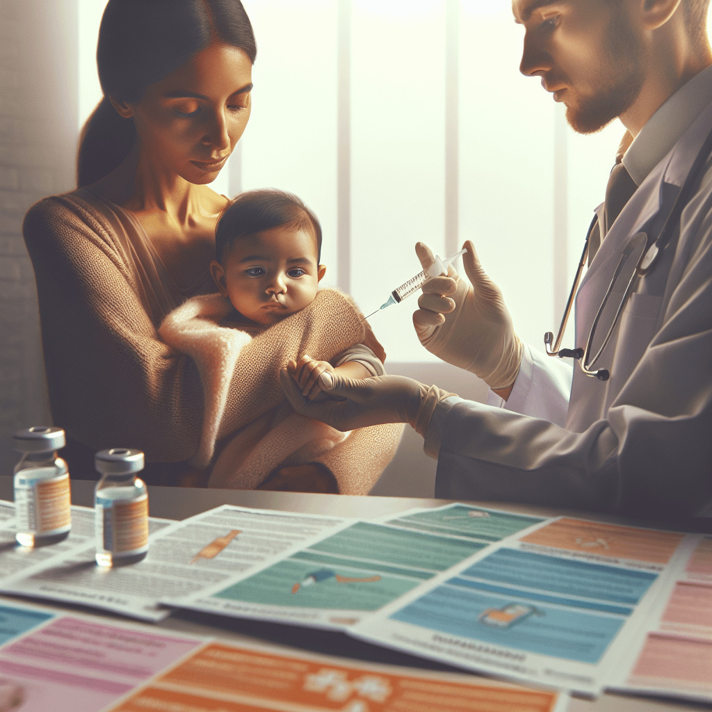 Baby Immunisation Schedule: What to Expect 1 Baby Immunisation Schedule - A doctor administers a vaccination to an infant held by their mother in a softly lit room, with informational pamphlets and vials visible on the table.