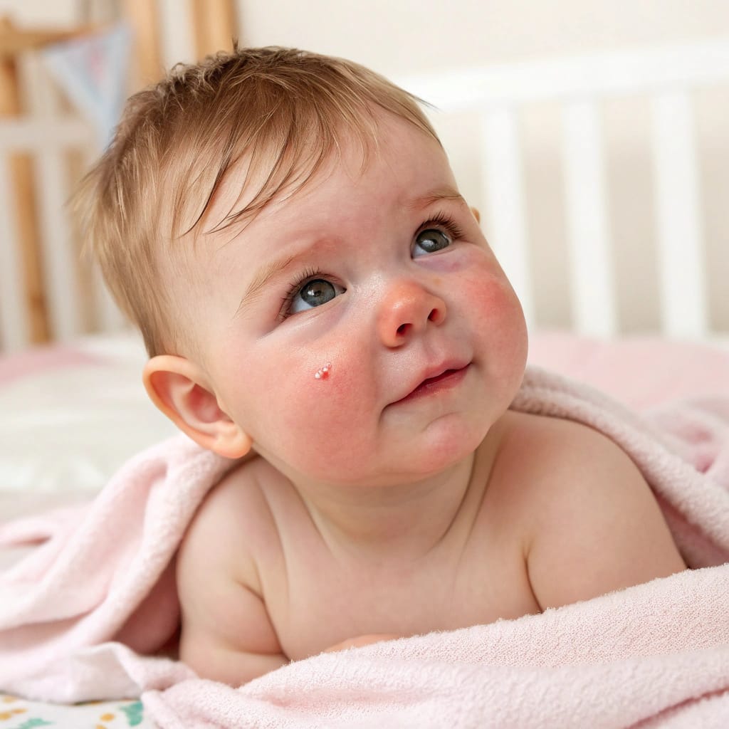 Common Baby Illnesses and When to Call a Doctor 1 Common Baby Illnesses: A baby with light brown hair and blue eyes, wrapped in a soft pink blanket, has a small bump on its cheek and a slightly flushed face, looking upwards while lying on a pink surface in a crib.
