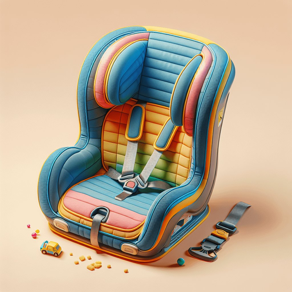 Colourful child car seat with multicoloured padding and safety harness, placed on a light background with a small toy car and scattered pieces nearby.