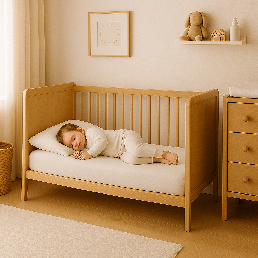 What to Look for in a Cot 2 A baby in white sleepwear is peacefully asleep on a light wooden crib with white bedding in a softly lit nursery. The room features light-colored walls, minimalistic decor including a framed artwork and shelf with a stuffed bunny and a rainbow ornament, next to a wooden dresser.