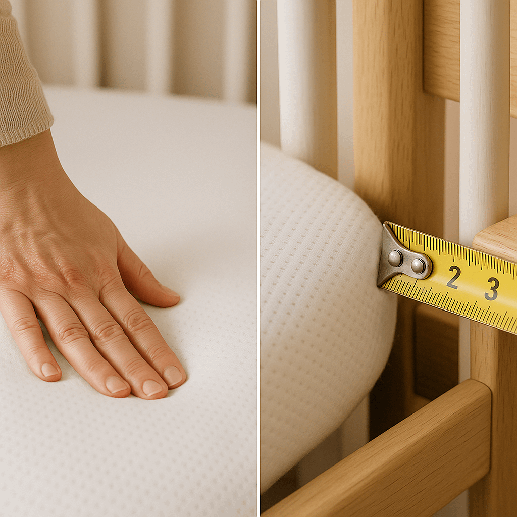 The Complete Baby Mattress Buying Guide 2 A split image showing a hand pressing down on a soft white mattress on the left and a measuring tape indicating the width of 3, placed in between wooden crib slats on the right.