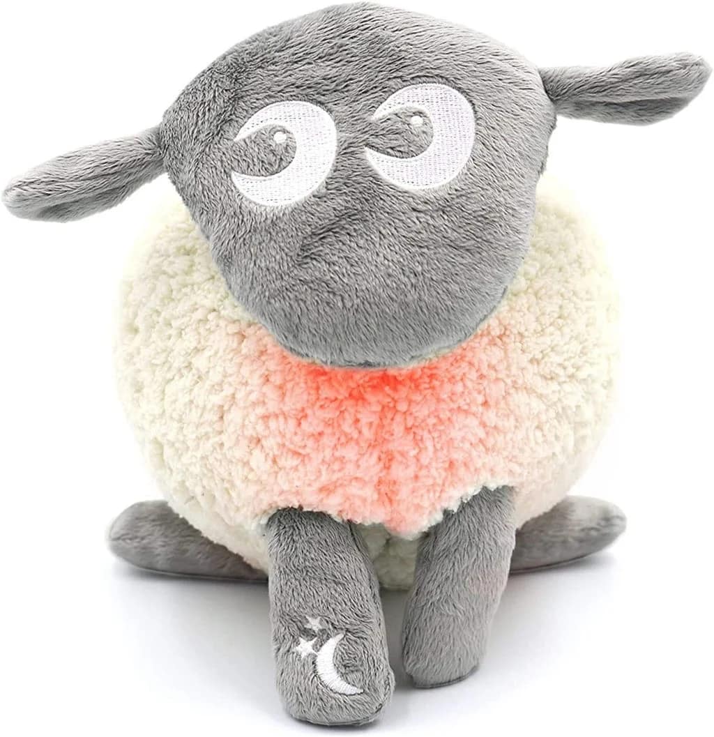 Essential Baby Sleep Tips for New Parents 3 A plush toy resembling a sheep with a grey head and limbs, white curly wool body, and embroidered crescent moon on the leg. The toy's eyes are closed with curved lines, creating a sleepy expression.