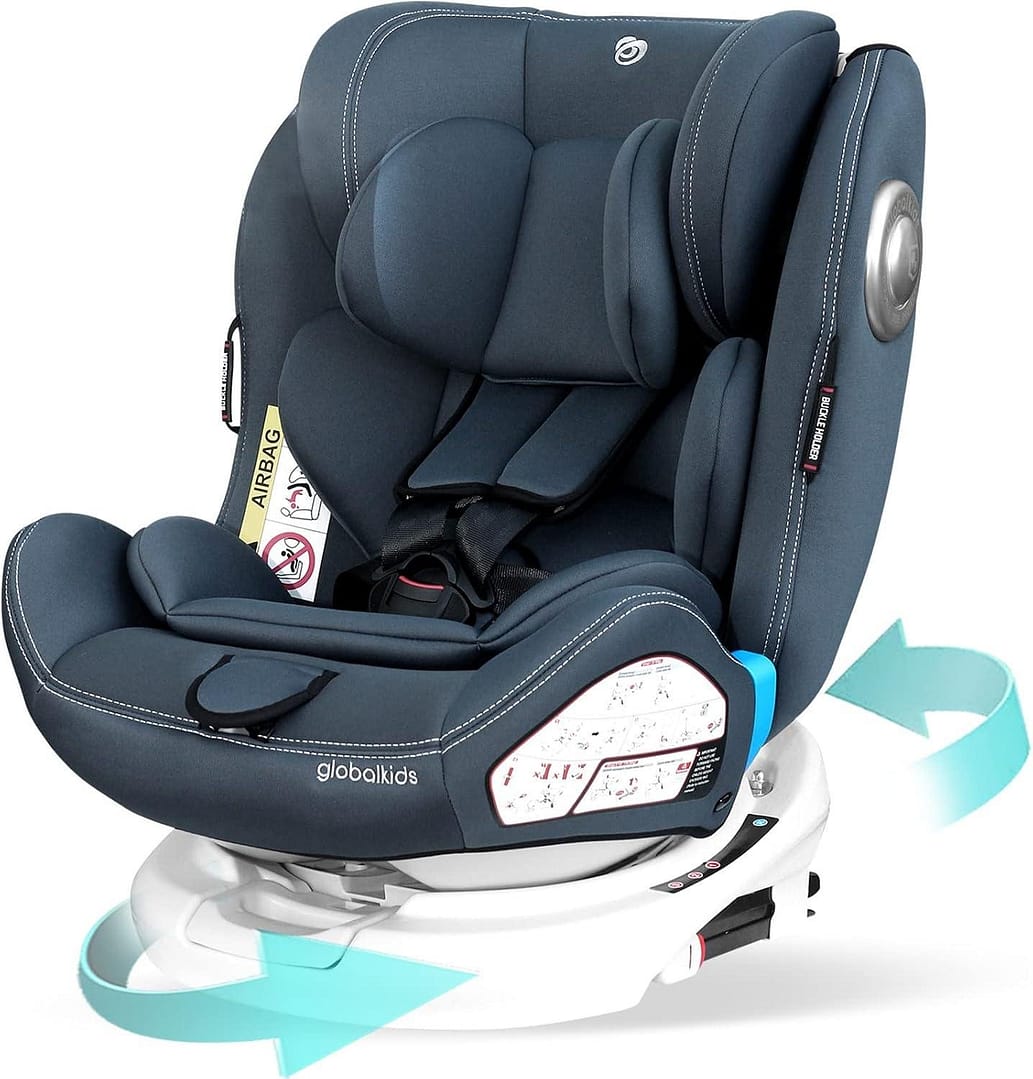 ISOFIX Installation Made Simple: Complete UK Guide 5 A blue Globalkids car seat featuring a swivel base, harness, and adjustable headrest, designed for child safety in vehicles.