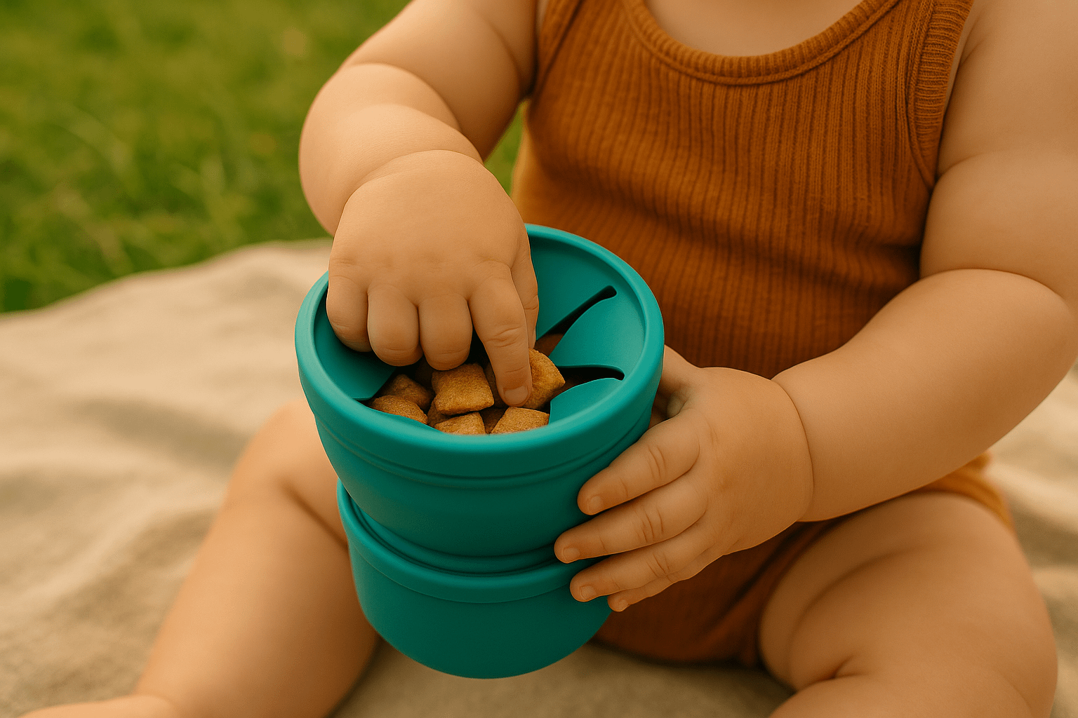Parents Travel Guide - Safe Feeding for Babies 3 A baby in an orange outfit holding a blue snack cup with a removable lid, reaching inside to grab snacks, while sitting on a blanket outdoors on a grassy area.
