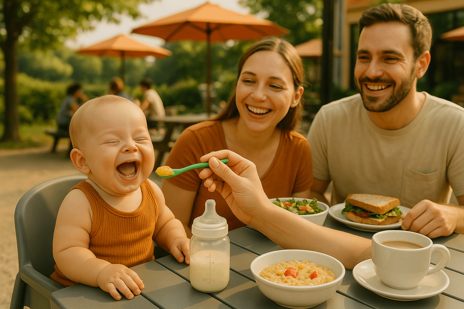 Parents Travel Guide - Safe Feeding for Babies 4 A baby in a high chair laughs joyfully while being fed with a spoon. Two adults sitting at the table with plates of food smile at the baby. The setting is outdoors with orange umbrellas and blurred greenery in the background. A baby bottle and a bowl of oatmeal are on the table.