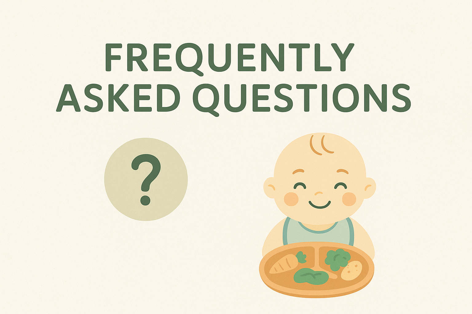 The Complete Baby Mattress Buying Guide 4 Illustration of the text 'Frequently Asked Questions' above a cartoon baby holding a plate with vegetables, including a carrot, broccoli, and potato, next to a large question mark in a circle.