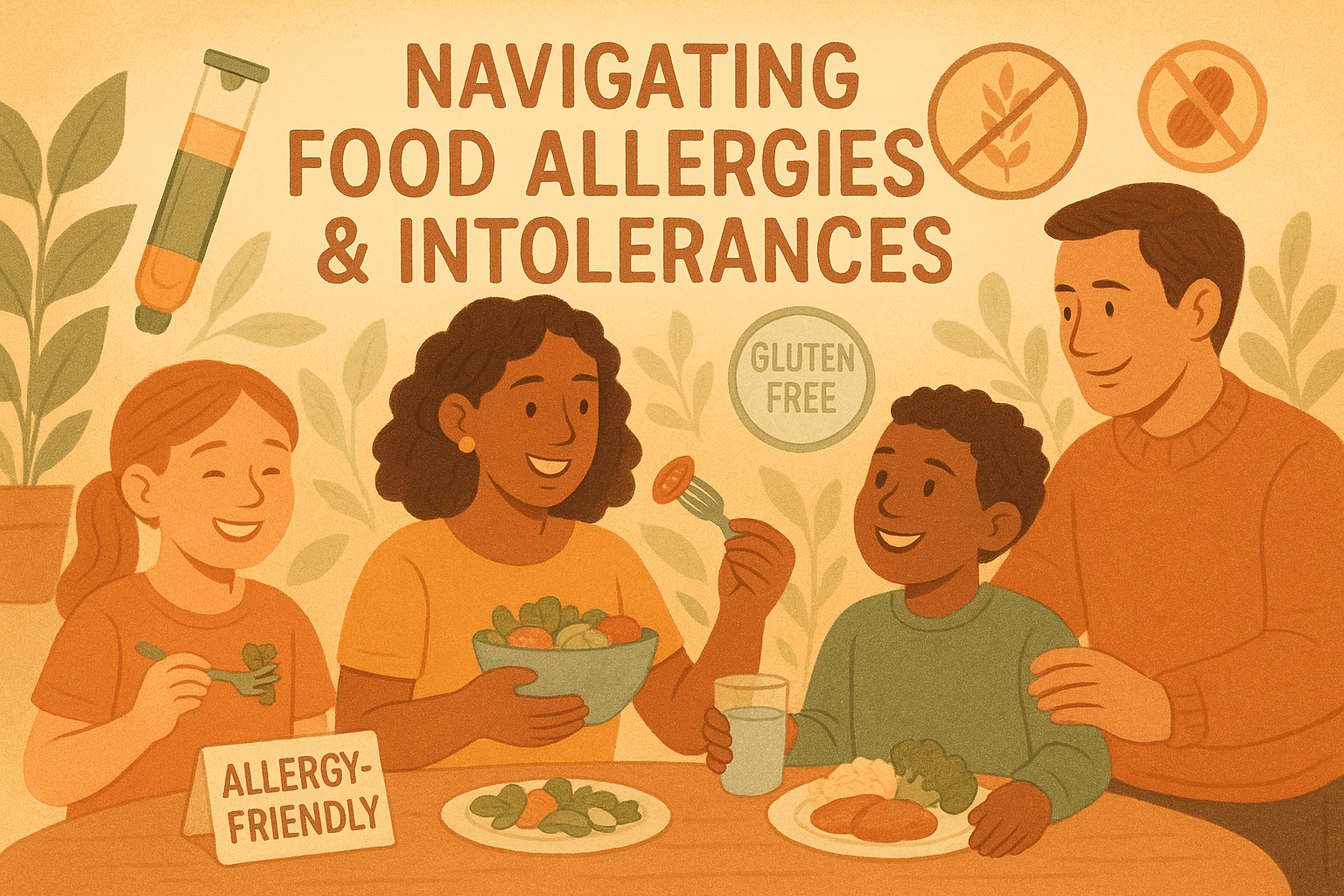 Navigating Food Allergies and Intolerances 1 Illustration of a diverse family eating an allergy-friendly meal at a table with plates of salad and vegetables; a sign reads 'ALERGY-FRIENDLY', and labels 'GLUTEN FREE' and allergy symbols for wheat and nuts are visible, along with an epinephrine injector.
