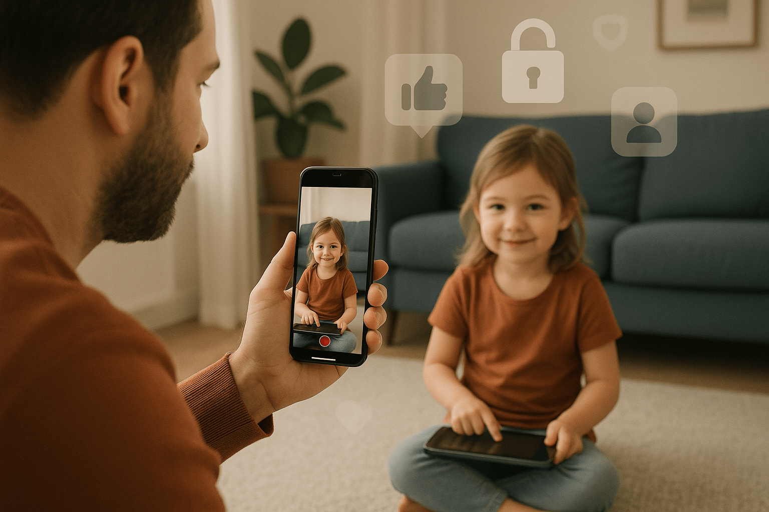 A man holds a smartphone in his hand, taking a photo of a smiling young girl sitting on the floor with a tablet. The girl is wearing a brown shirt and blue jeans. The image includes overlay icons of a thumbs up, a lock, and a user avatar, suggesting themes of digital interaction and security. A blue sofa and a potted plant are visible in the background, creating a cosy living room setting.