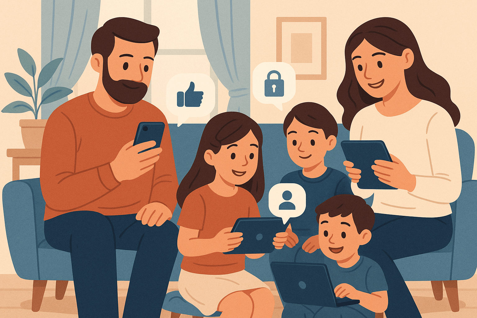 Sharenting: The Complete Parent's Guide 2 A cartoon family sitting on a couch using digital devices, with speech bubbles displaying icons like a thumbs-up and a padlock, suggesting a focus on technology and online interaction.