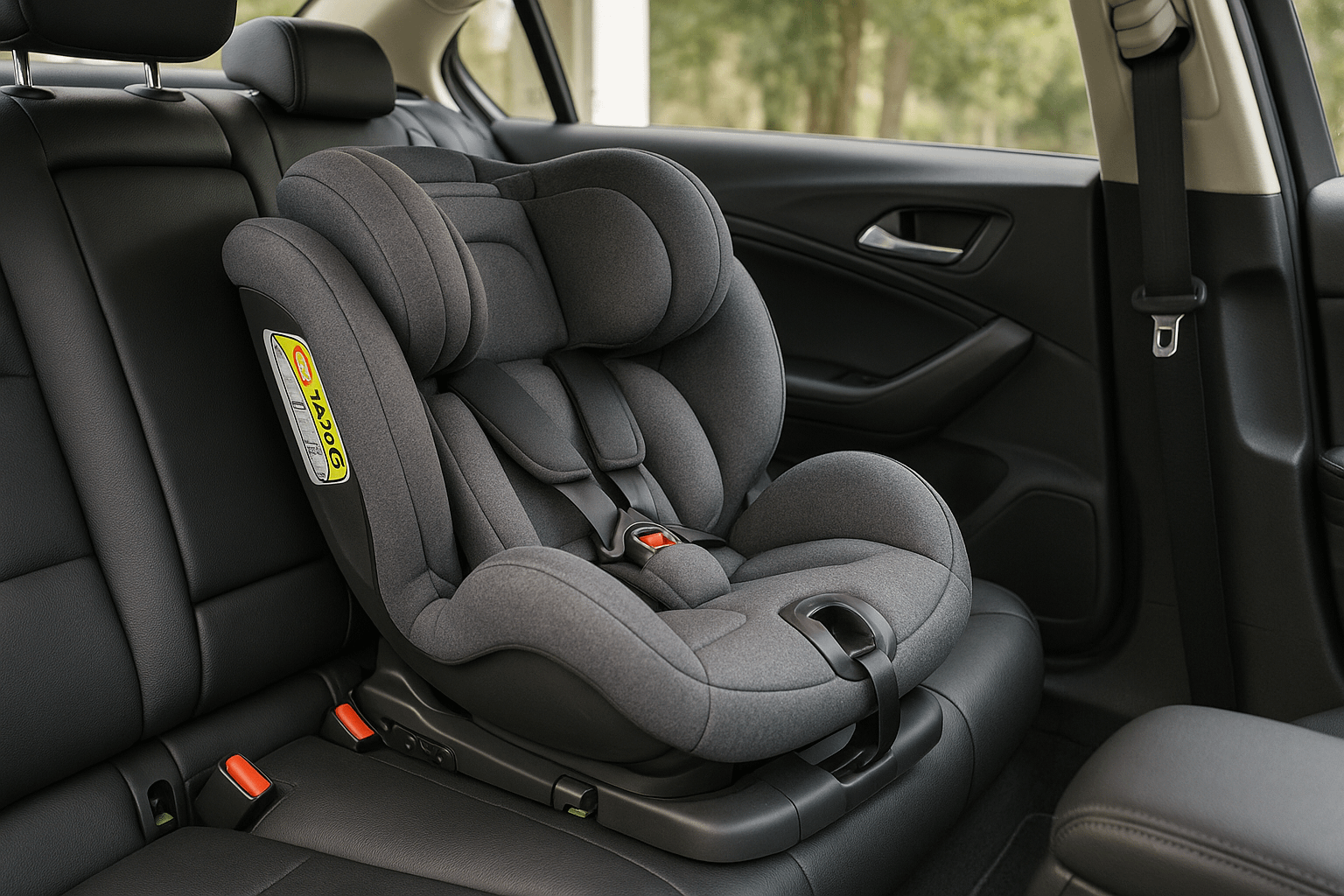 The Ultimate Guide to Baby Car Seats: A grey child car seat securely installed in the back seat of a car, featuring padded cushions and safety harness straps.
