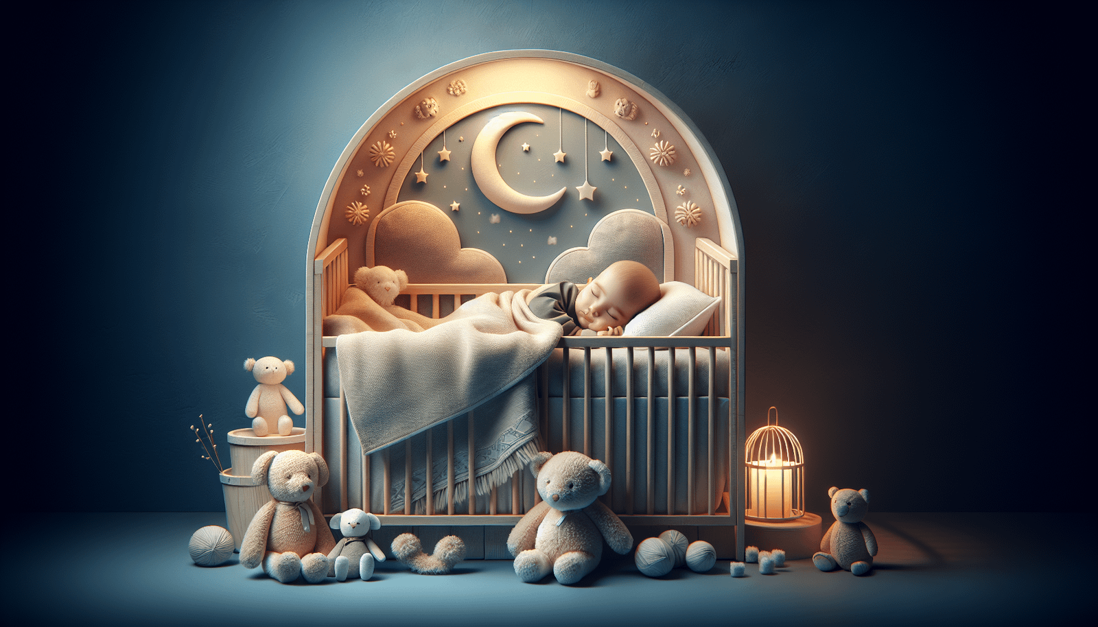 A baby peacefully sleeping in a crib, surrounded by a cosy scene with soft toys, a glowing lantern, and a decorative backdrop featuring a crescent moon and stars.