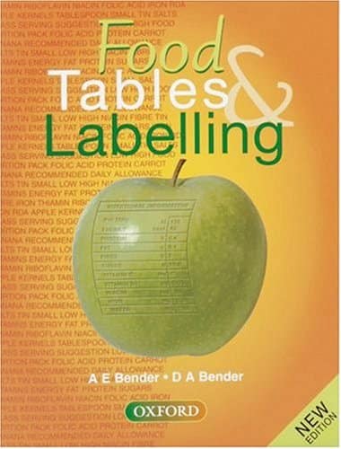 Understanding UK Food Labelling Regulations 4 Cover of the book 'Food Tables & Labelling' by A. E. Bender and D. A. Bender, featuring a green apple with a nutrition label on a warm-toned background.