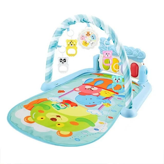 Essential Baby Learning Toys for Early Growth 2 Colourful baby play mat with a blue and white striped arch overhead, featuring hanging animal toys and a padded surface decorated with cartoon animals.