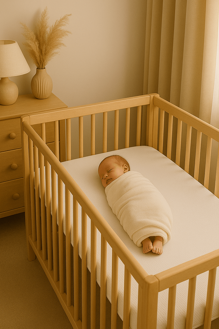 The Complete Baby Mattress Buying Guide 3 The Complete Baby Mattress Buying Guide: A baby wrapped in a cream-coloured blanket sleeps in a wooden crib set in a softly lit nursery with beige curtains and a bedside table holding a lamp and a vase with pampas grass.