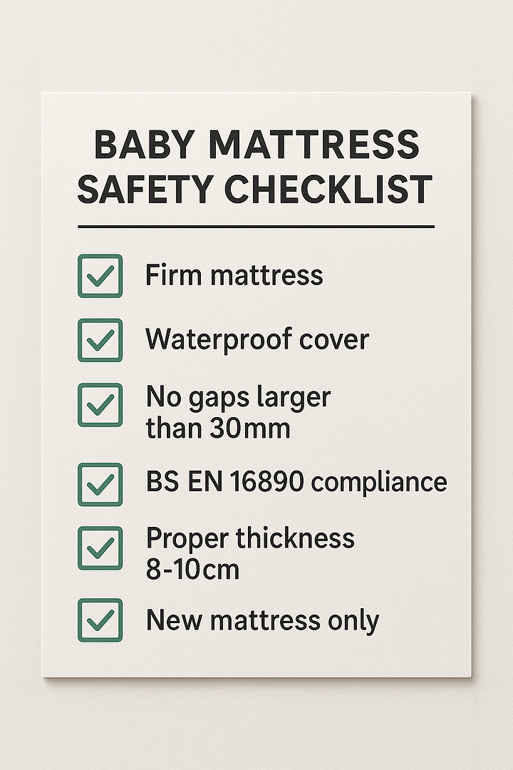 The Complete Baby Mattress Buying Guide 1 A safety checklist for baby mattresses includes: firm mattress, waterproof cover, no gaps larger than 30mm, compliance with BS EN 16890, proper thickness of 8-10cm, and the use of a new mattress only.