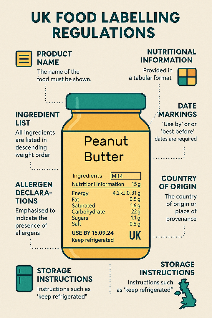 Understanding UK Food Labelling Regulations 1 An infographic titled 'UK Food Labelling Regulations' featuring a peanut butter jar illustration. The infographic highlights key labeling requirements including: product name, ingredient list in descending weight order, allergen declarations, nutritional information in tabular format, date markings ('use by' or 'best before'), country of origin, and storage instructions like 'keep refrigerated'. Each element is connected to corresponding guidance on the jar label, emphasizing compliance with UK regulations.