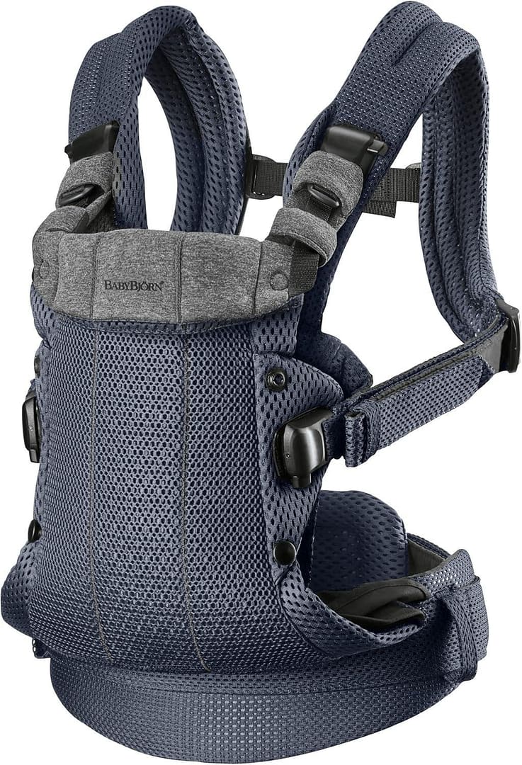 Navy blue and grey mesh baby carrier with adjustable straps and buckles for secure fitting.