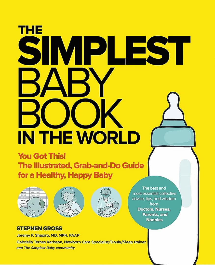 Avoiding Choking Hazards During Feeding 2 Cover of 'The Simplest Baby Book in the World' featuring a yellow background, bold black title text, a large illustration of a baby bottle, and circular icons depicting a baby, a person with a baby, and a caregiver. Subtext provides the subtitle, authors, and contributors.