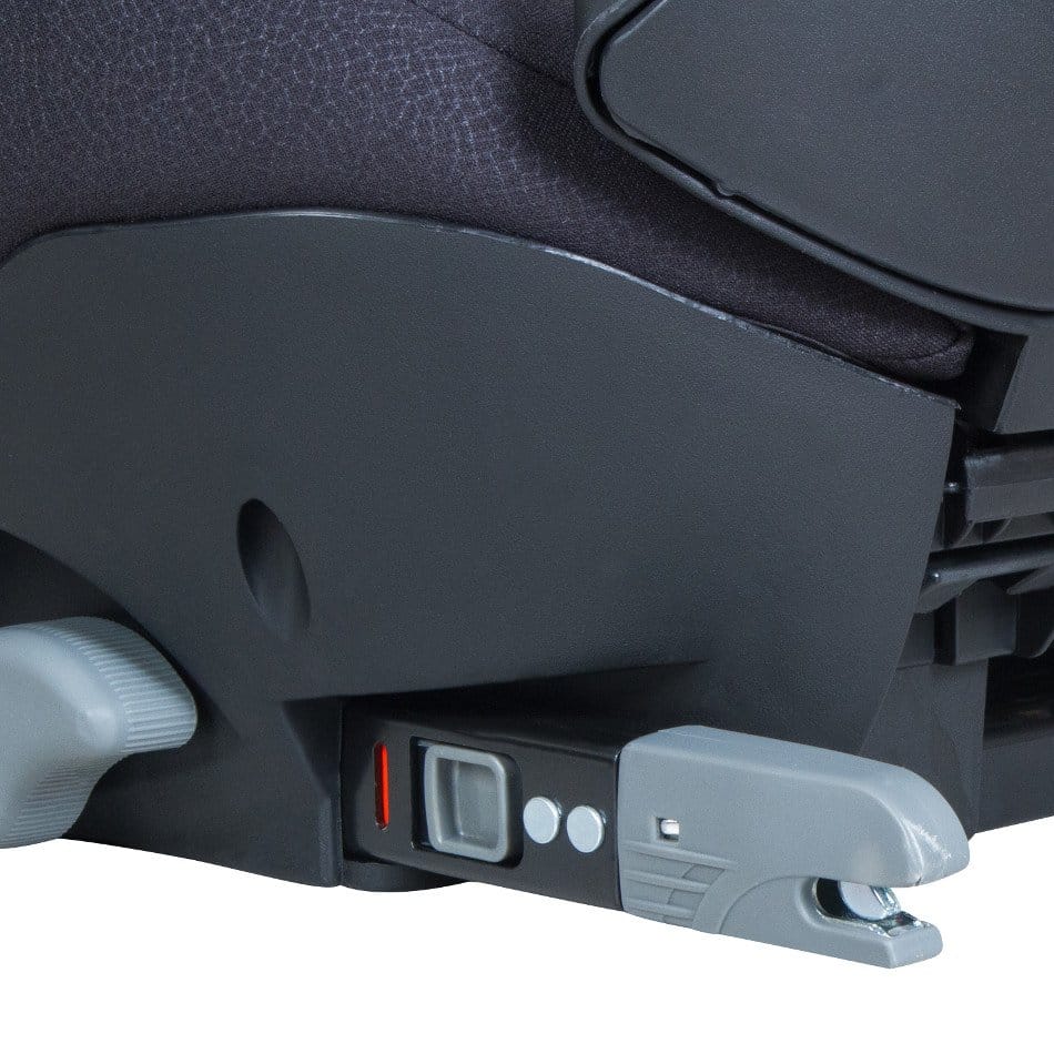 ISOFIX Installation Made Simple: Complete UK Guide 2 Close-up of a car seat showing the ISOFIX mechanism, with a visible grey latch and adjustment knob at the base, used for securing the seat.